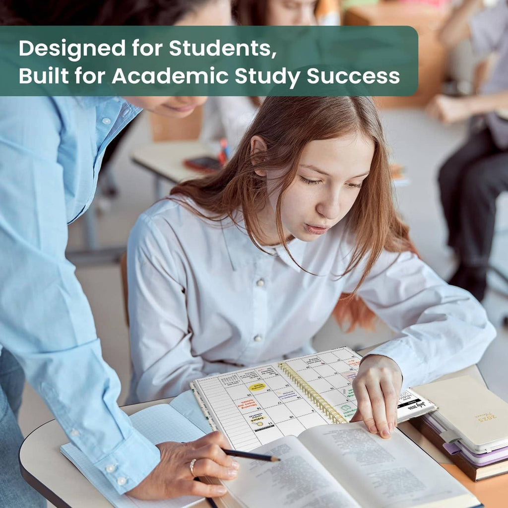 Student using an academic planner with grid pages and writing with a pen at a desk