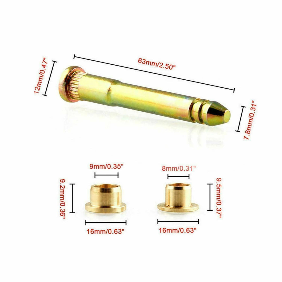 Door hinge pin bushing kit dimensions diagram for gold-toned hinge pin and bushings