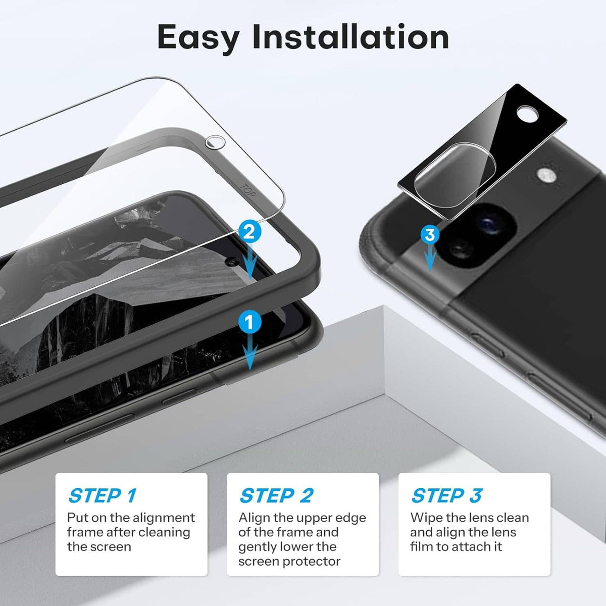 Tempered glass screen protector installation steps with alignment and cleaning icons