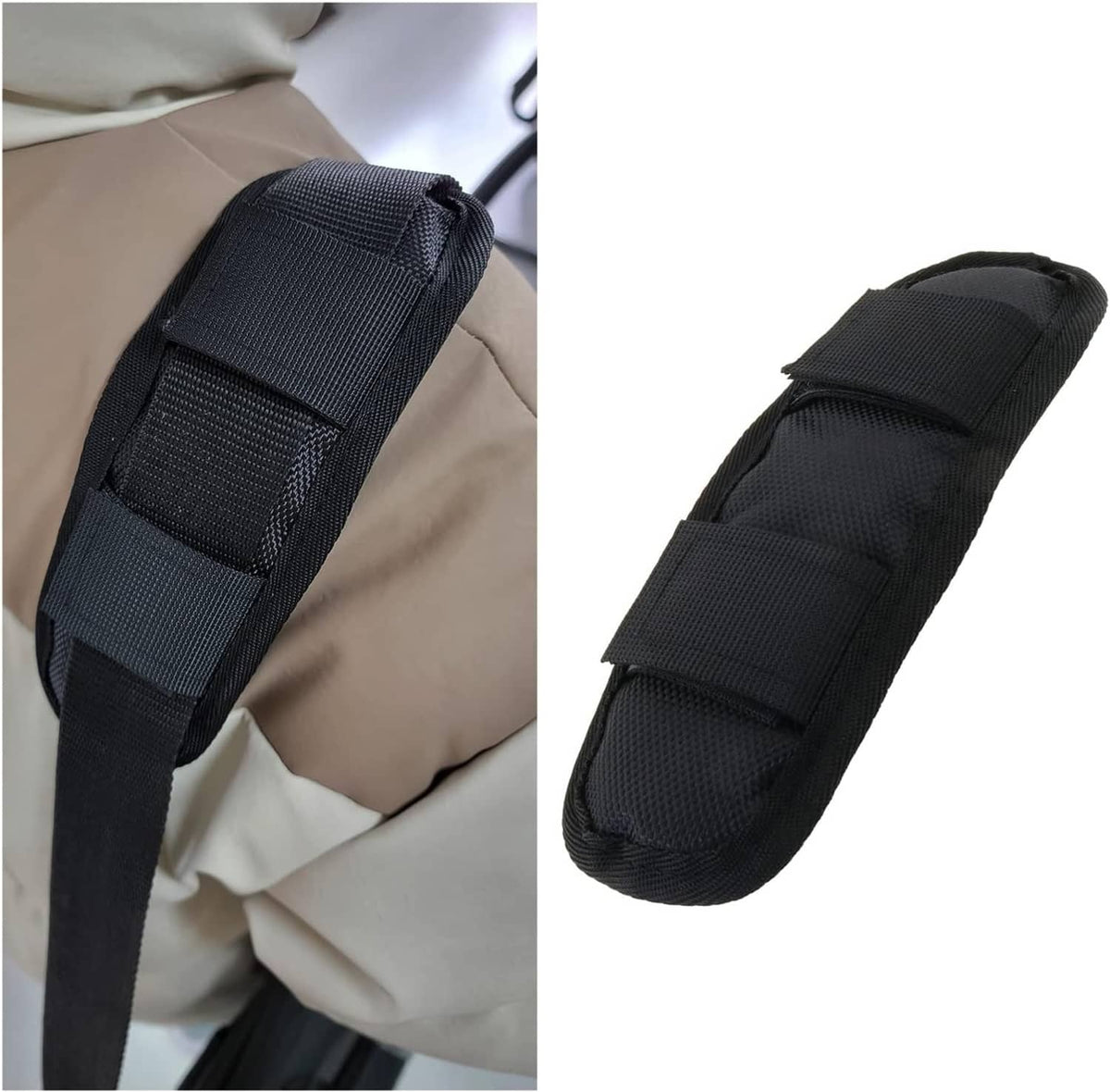 Black removable strap pad with hook-and-loop fastener, attached to a luggage strap