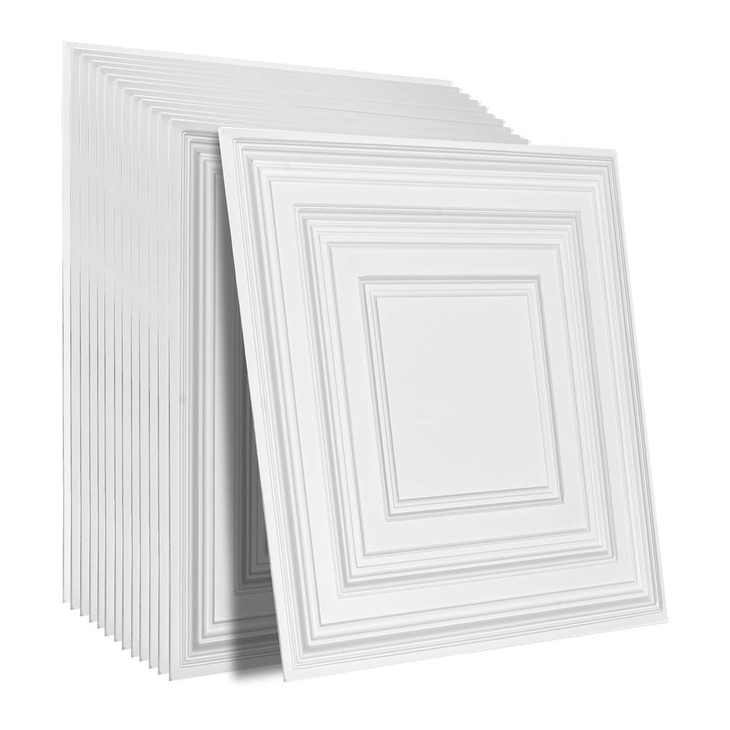Stack of white PVC ceiling tiles with faux brick peg pattern and square center
