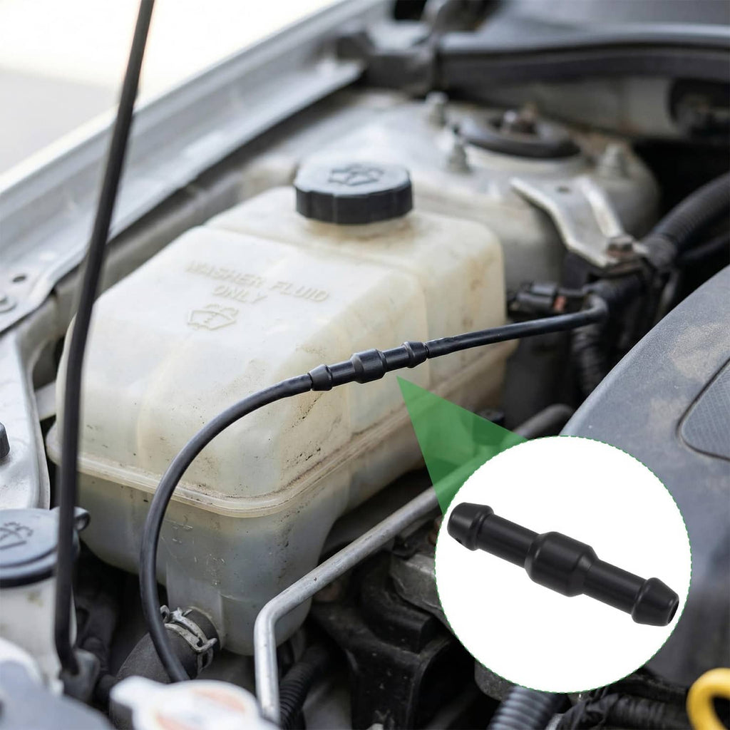 Black windshield washer hose connectors fitted near engine washer reservoir