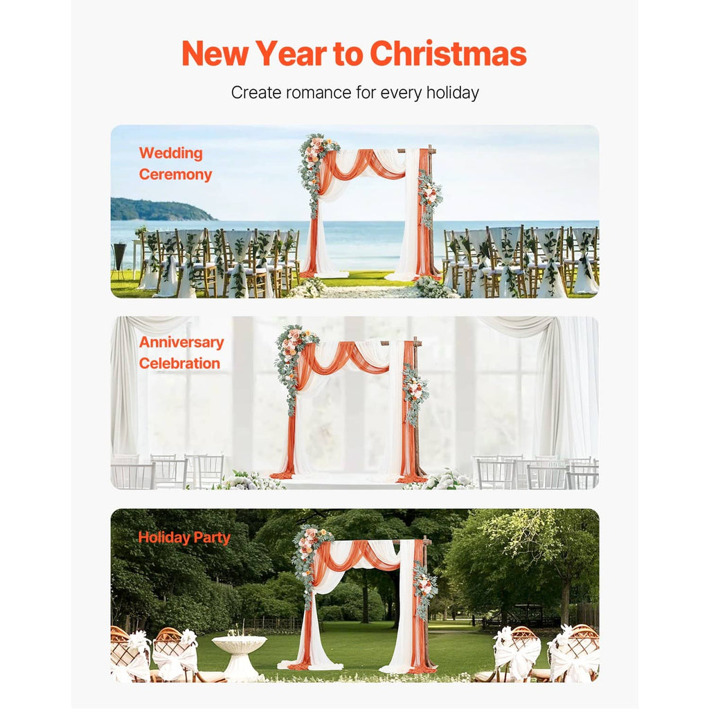 Wedding arch draping kit shown on event backdrops with orange swags and floral corners