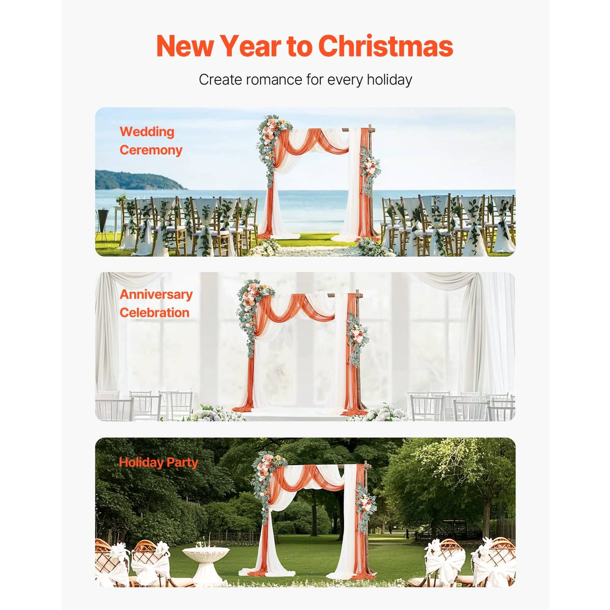 Wedding arch draping kit shown on event backdrops with orange swags and floral corners