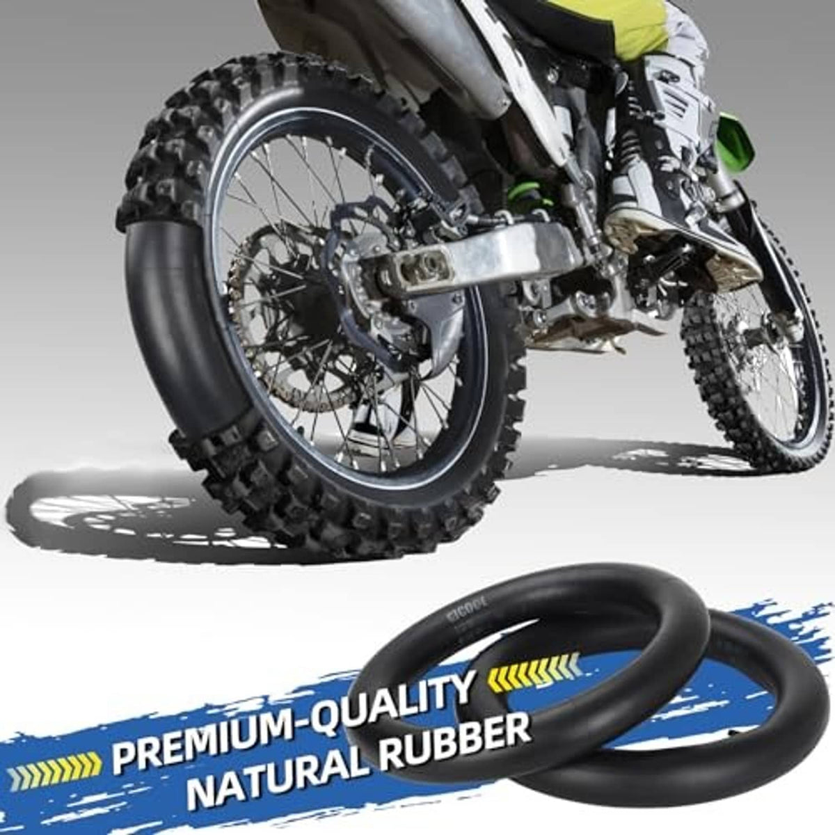 2-pack black natural rubber inner tubes shown on dirt bike wheels