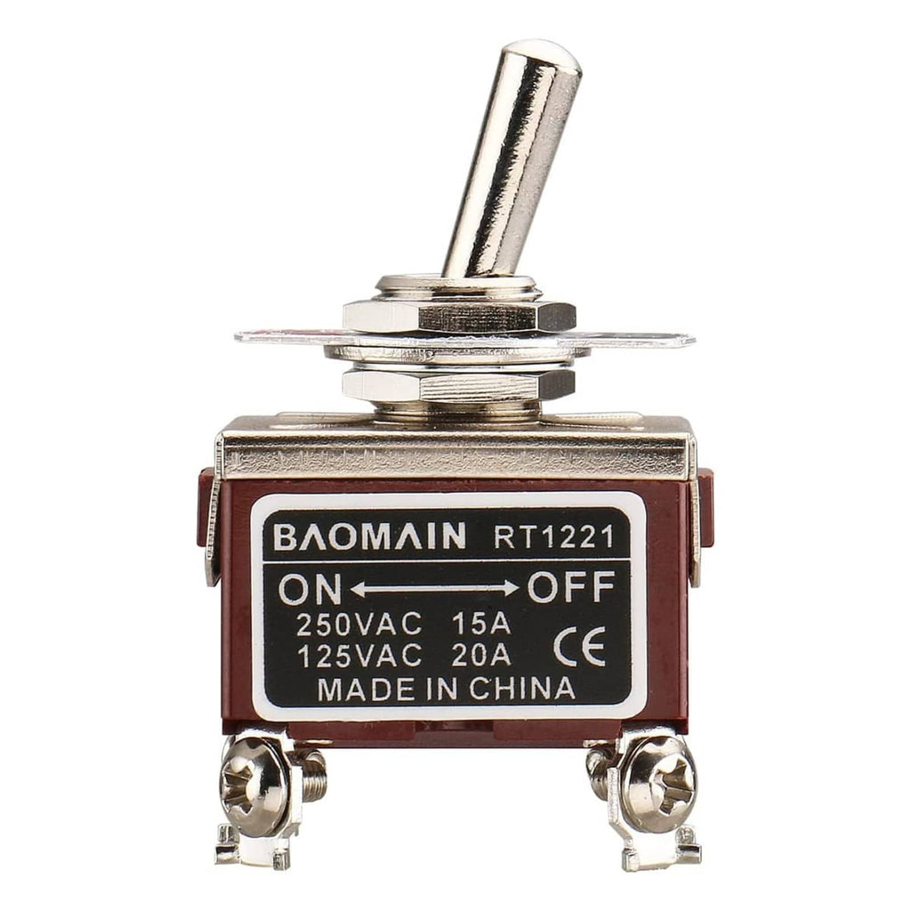 Red on/off toggle switch with metal lever and BAOMAIN RT1221 marking, 4-pin base