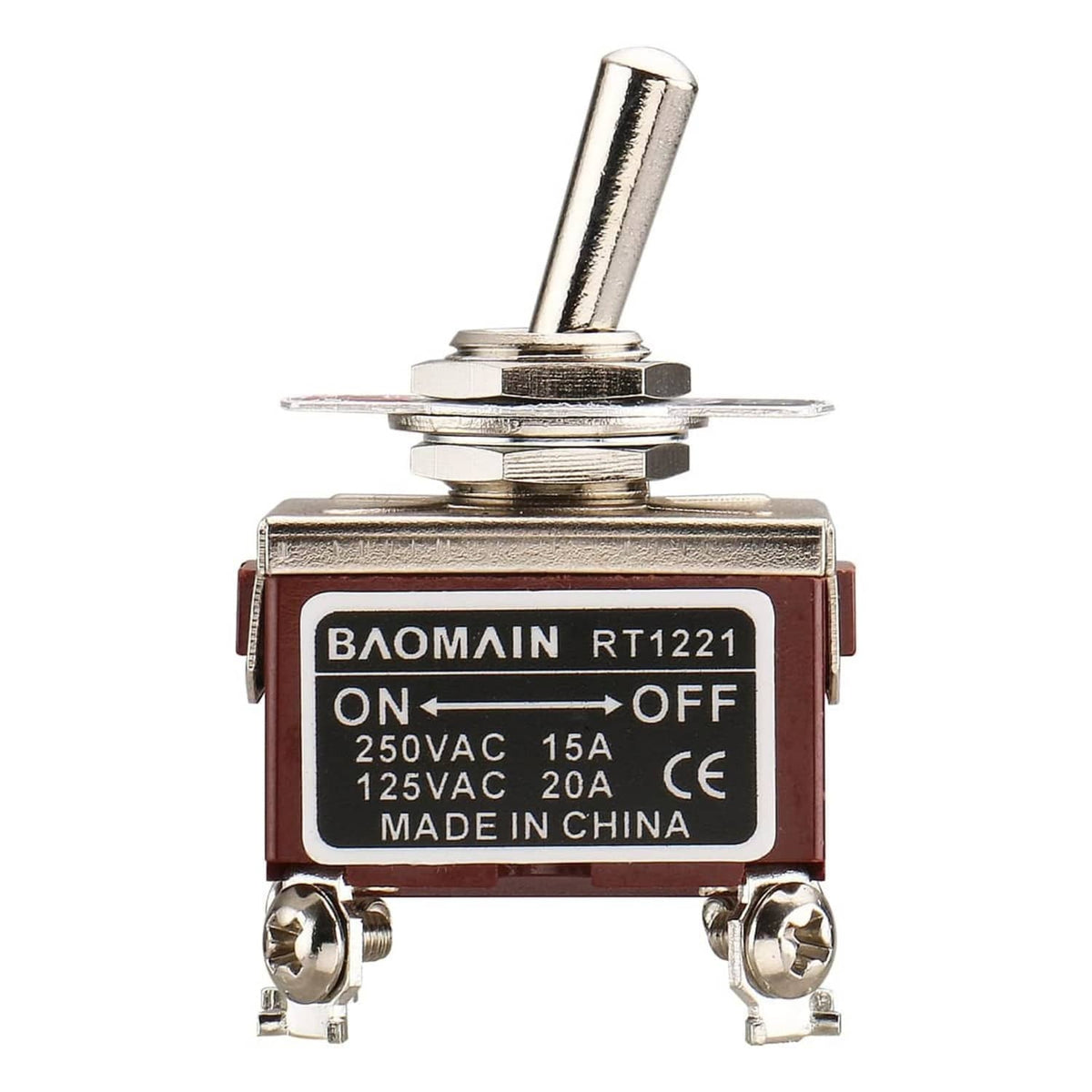 Red on/off toggle switch with metal lever and BAOMAIN RT1221 marking, 4-pin base