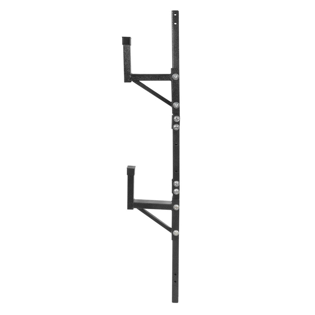 Adjustable trailer ladder rack wall mount with two black steps and vertical mounting holes