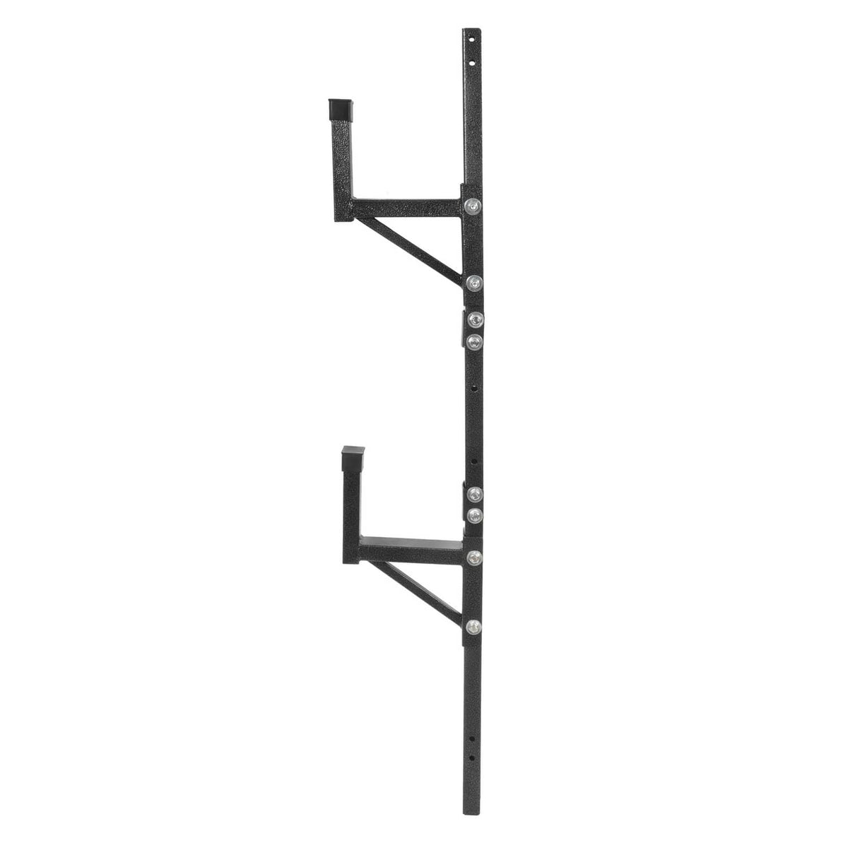 Adjustable trailer ladder rack wall mount with two black steps and vertical mounting holes