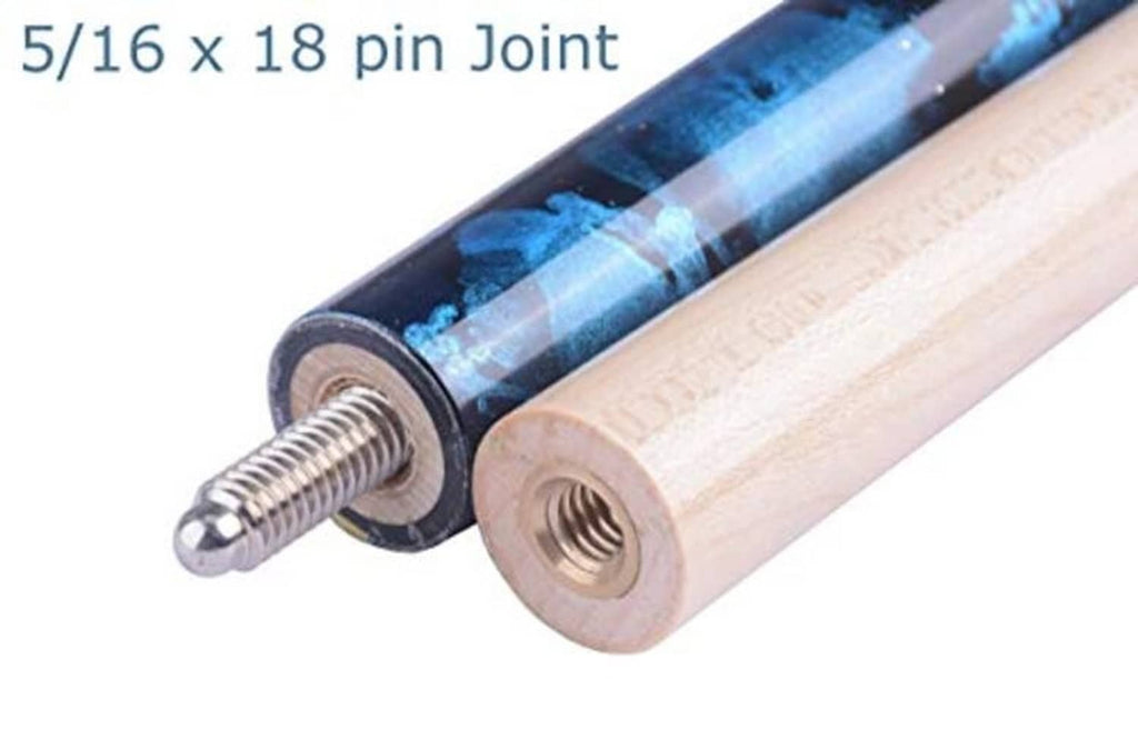 Pool cue joint close-up showing 5/16x18 pin and threaded maple wood ends.