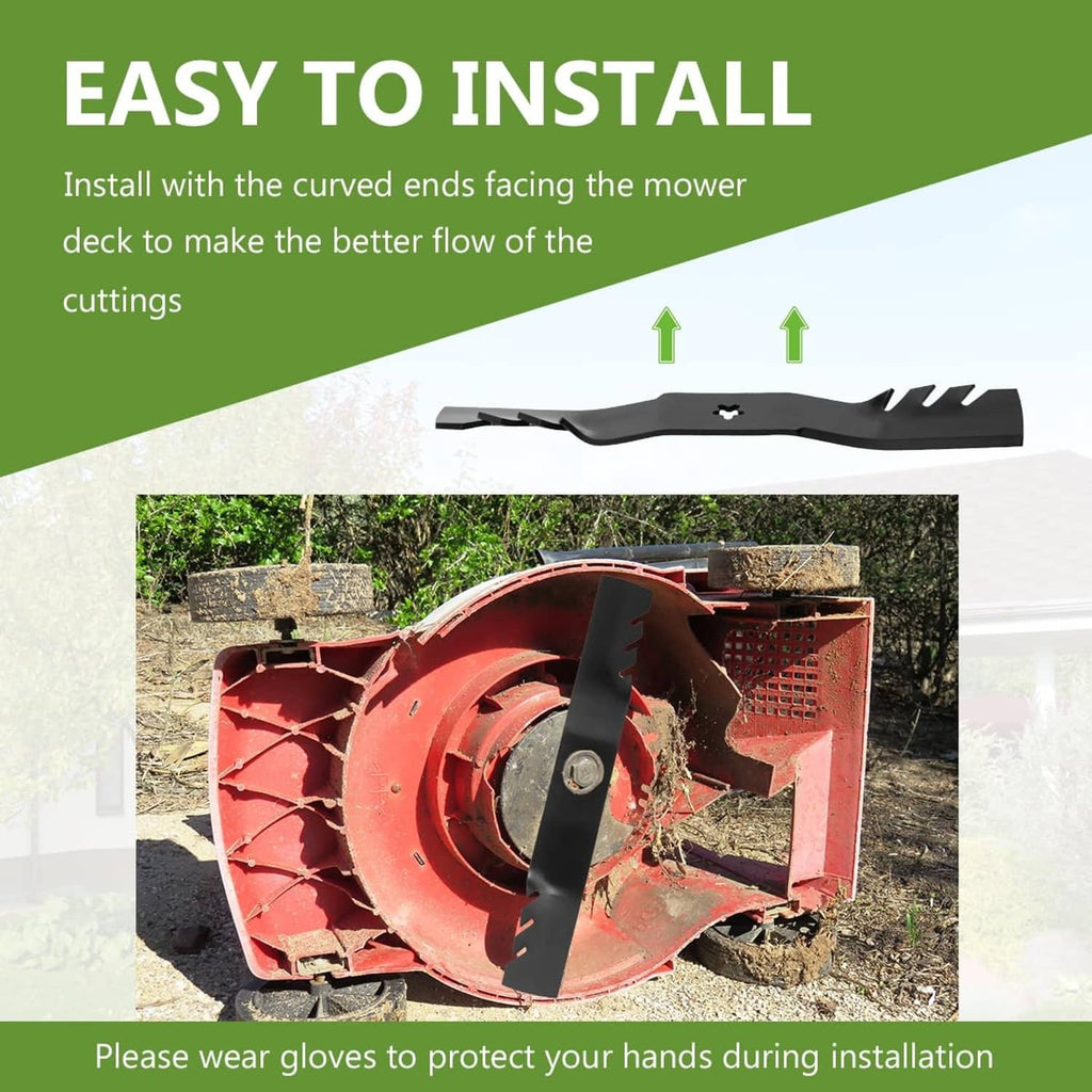 Black mulching mower blade with wavy shape and 5-point star center hole