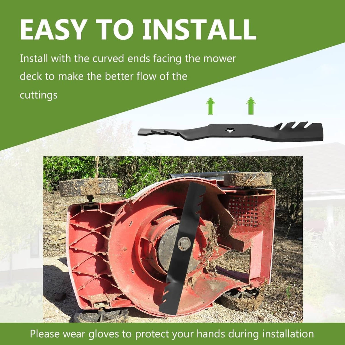 Black mulching mower blade with wavy shape and 5-point star center hole
