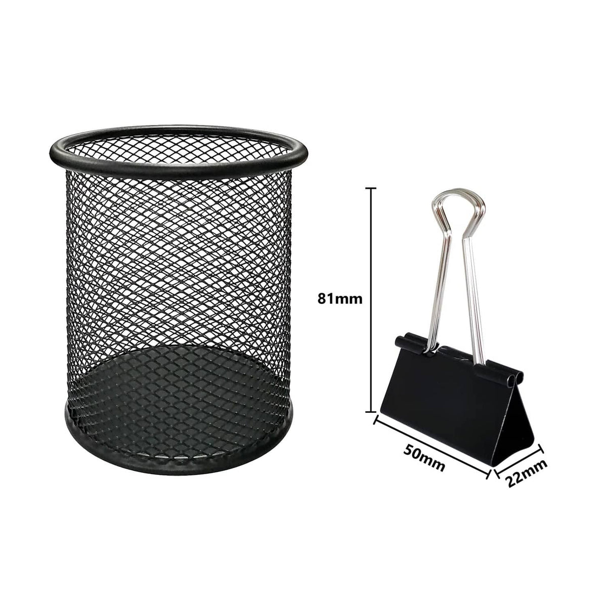 Black binder clip with metal wire loops, shown with 50 mm by 22 mm size