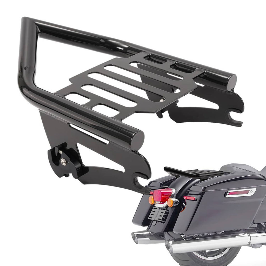 Black luggage rack mounting frame with platform and side brackets on motorcycle