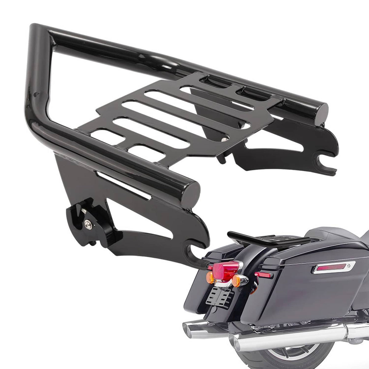 Black luggage rack mounting frame with platform and side brackets on motorcycle