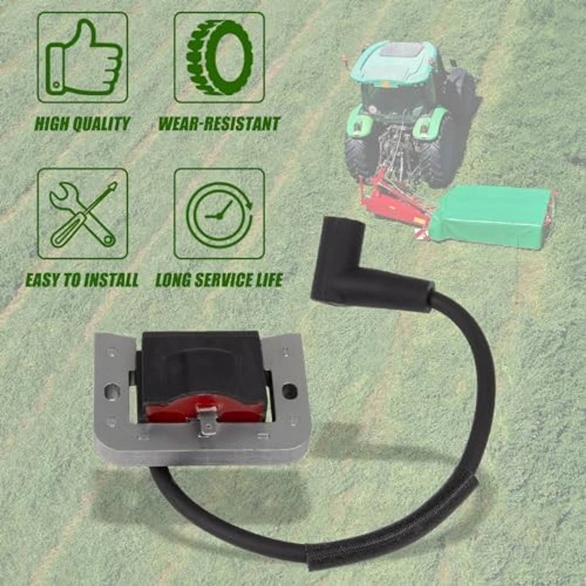 Ignition coil module with black wire harness and gray mounting plate