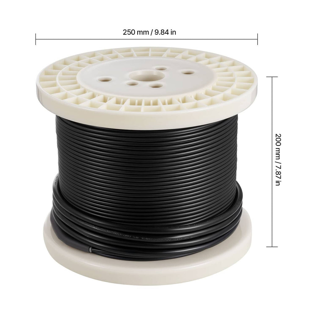 Coiled black radiant floor heating cable on a white plastic spool with mounting base