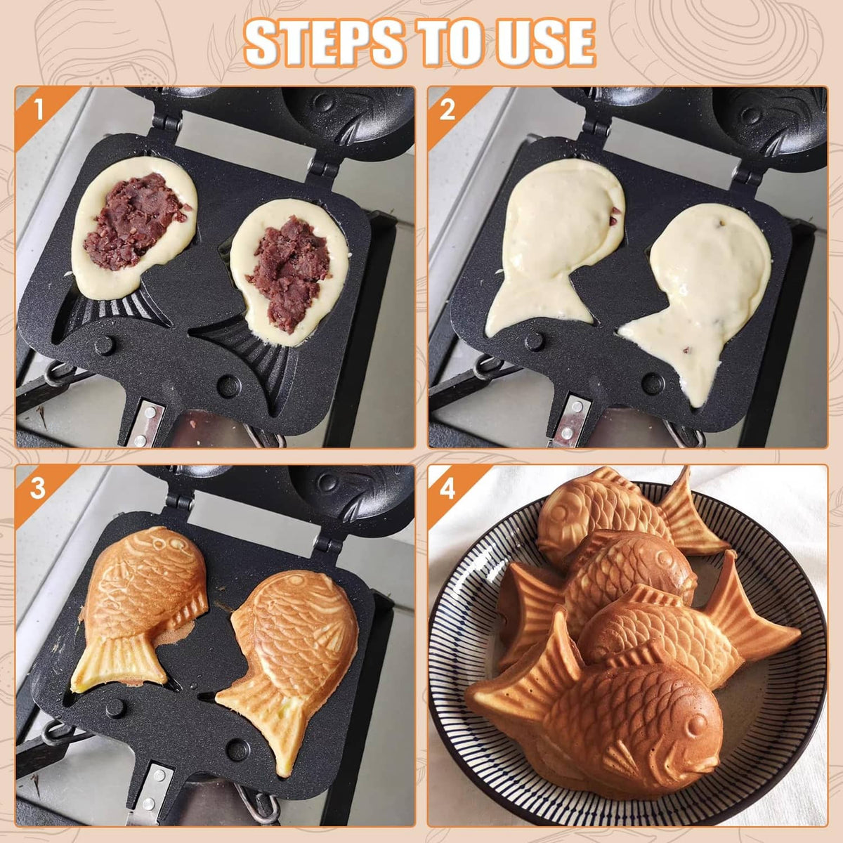 Black fish-shaped waffle maker with batter in fish molds during cooking