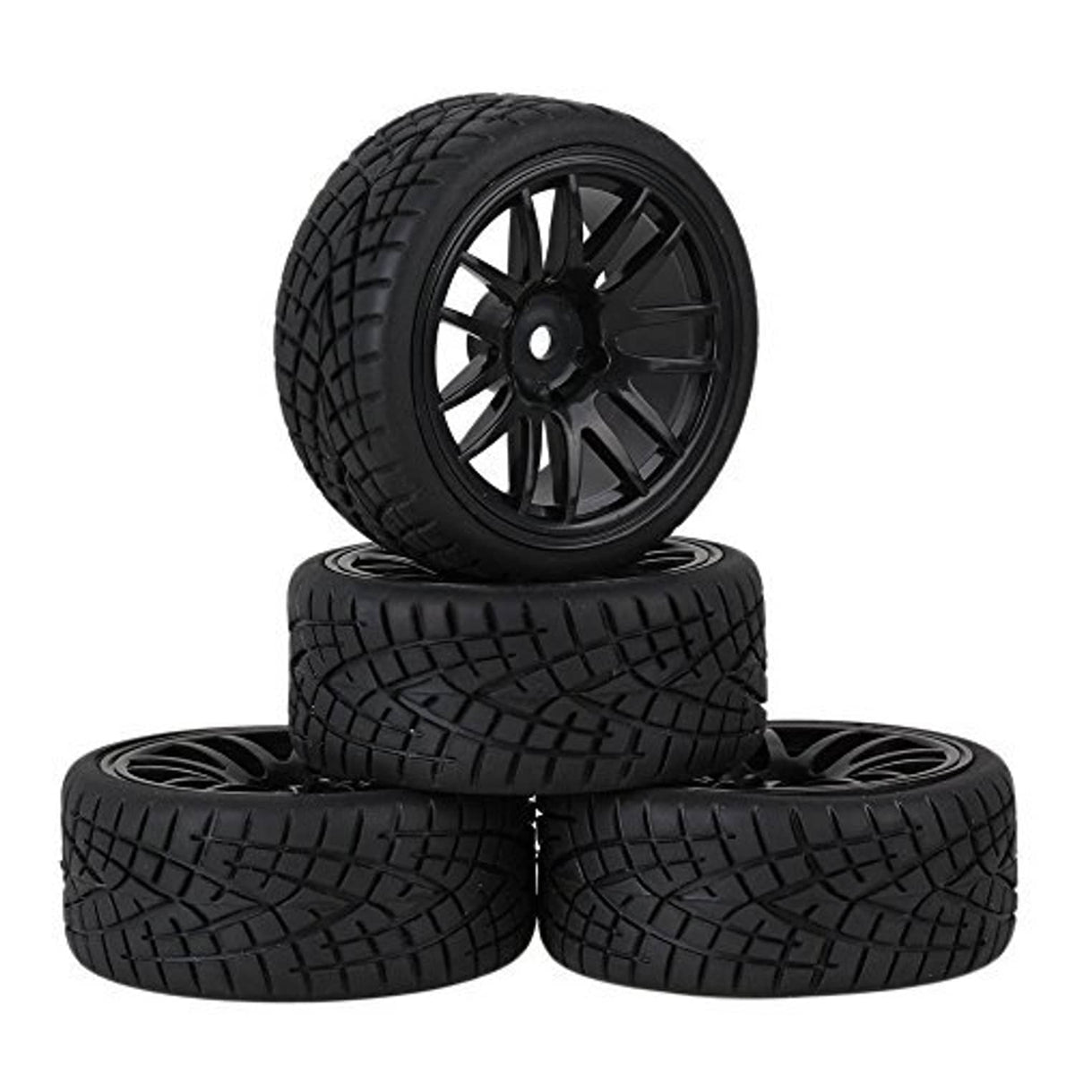 Black 14-spoke wheel rim with black tread tires, 3-piece set