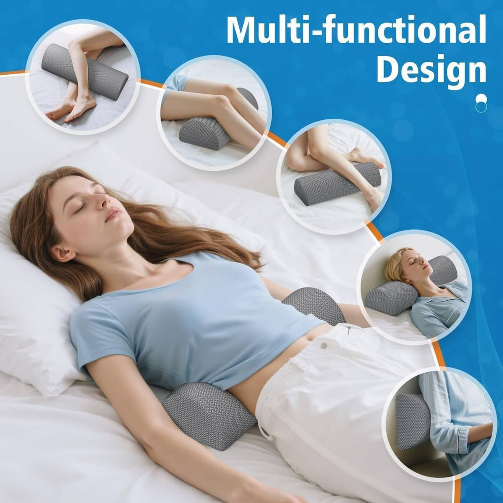 Gray half-moon knee bolster pillow supporting side-sleeping legs on a bed