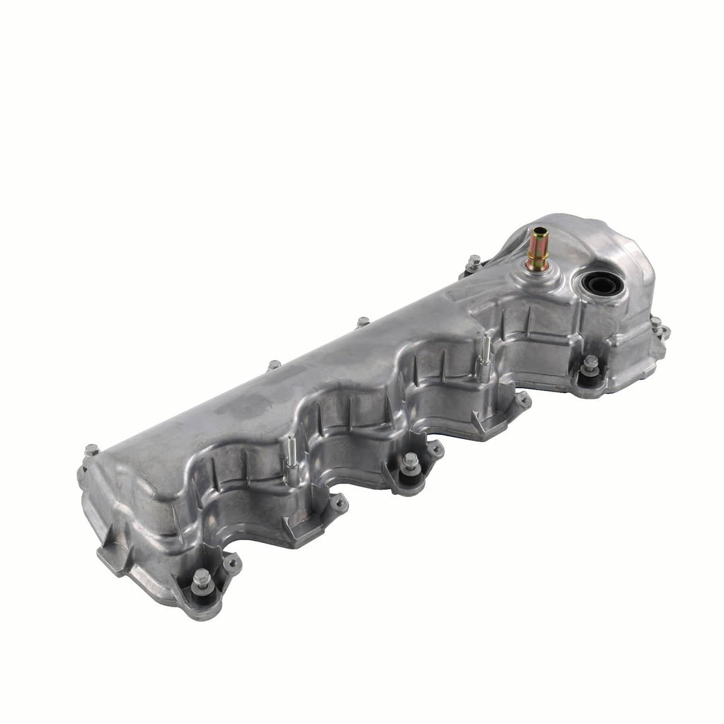 Engine valve cover, metallic gray with multiple bolt bosses and round oil port