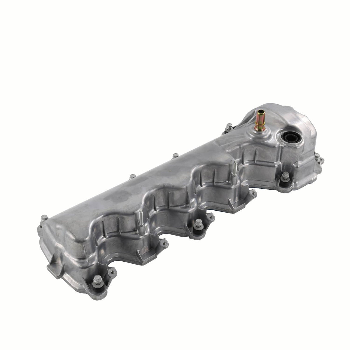 Engine valve cover, metallic gray with multiple bolt bosses and round oil port