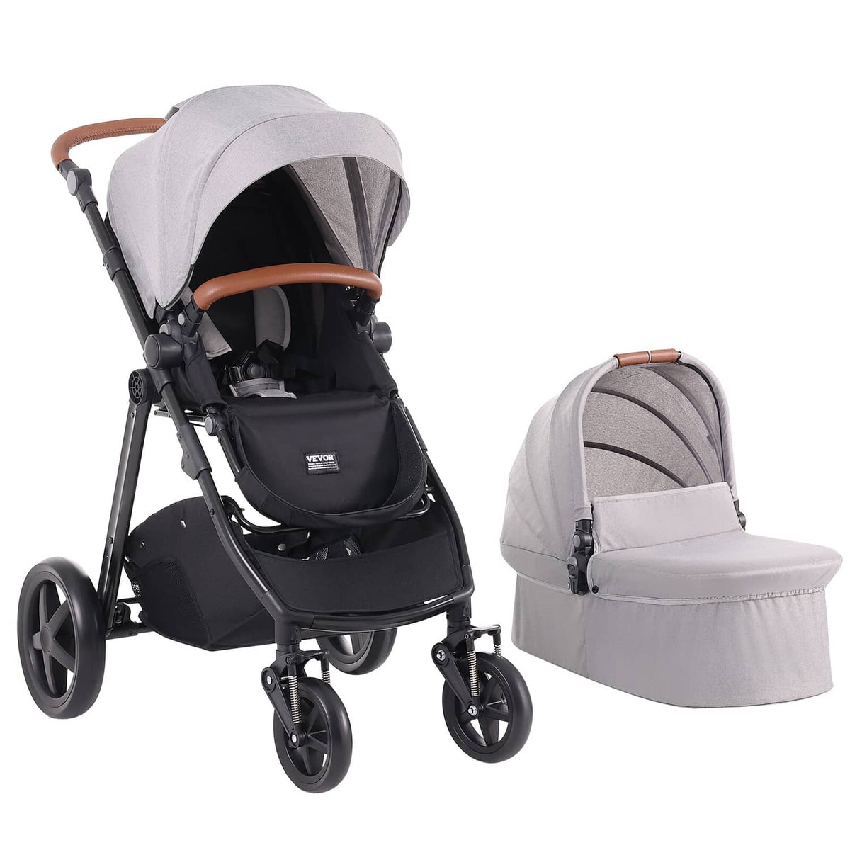 Light gray baby stroller travel system with bassinet and black seat