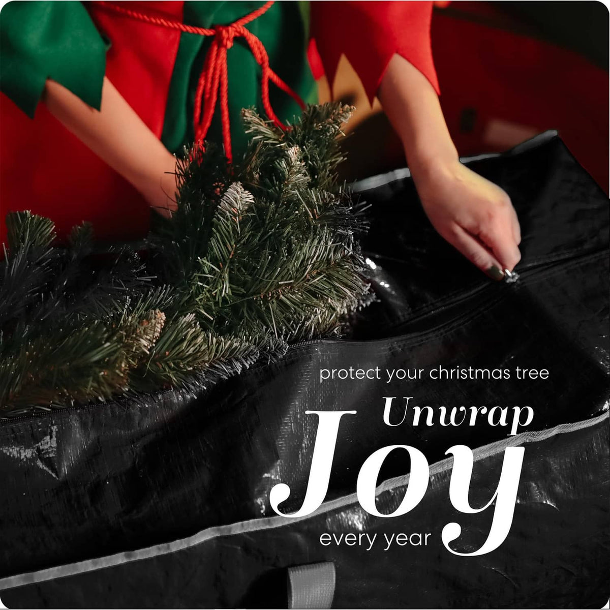 Black Christmas tree storage bag with artificial tree branches inside