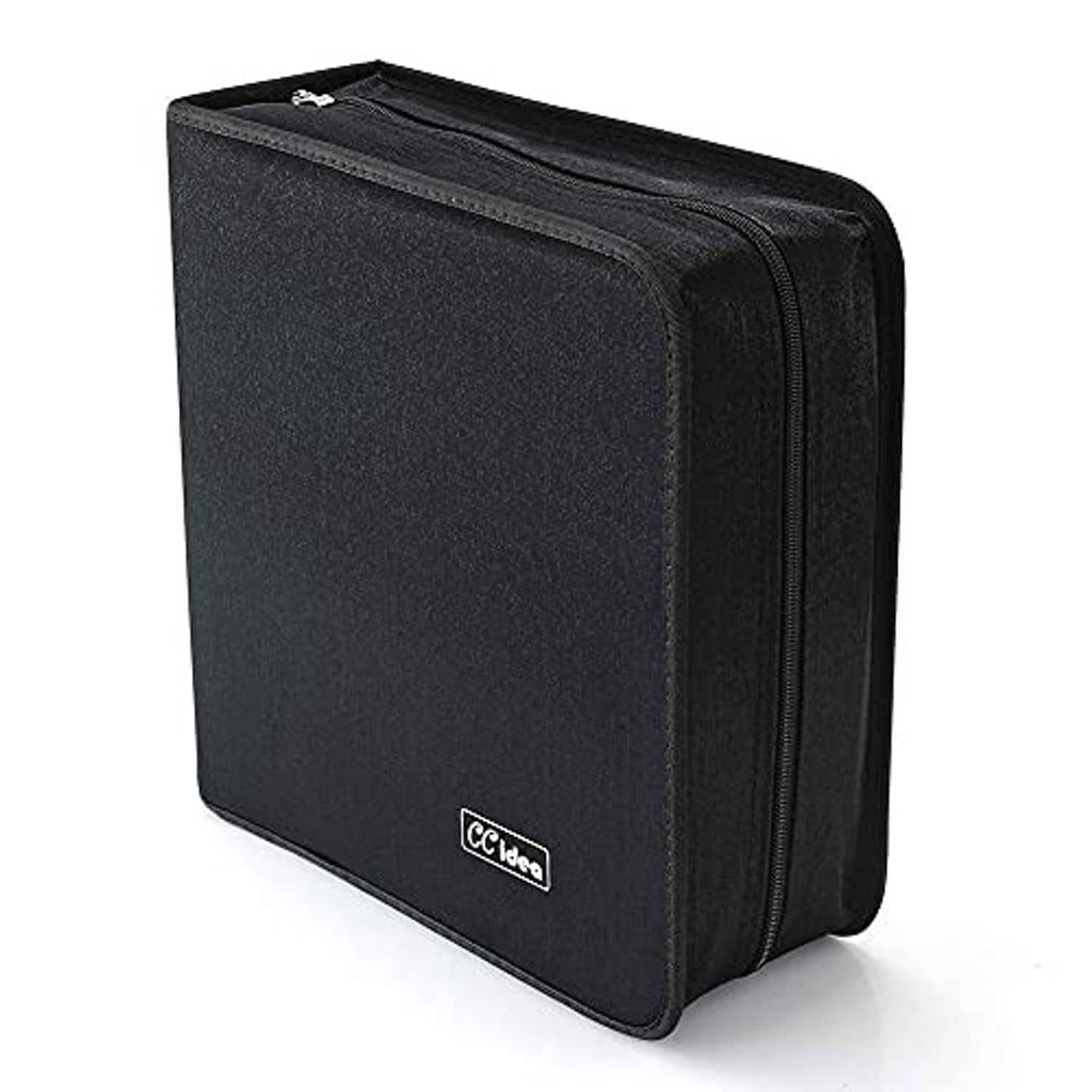 Black CD/DVD storage holder with zipper and curved hard-shell design