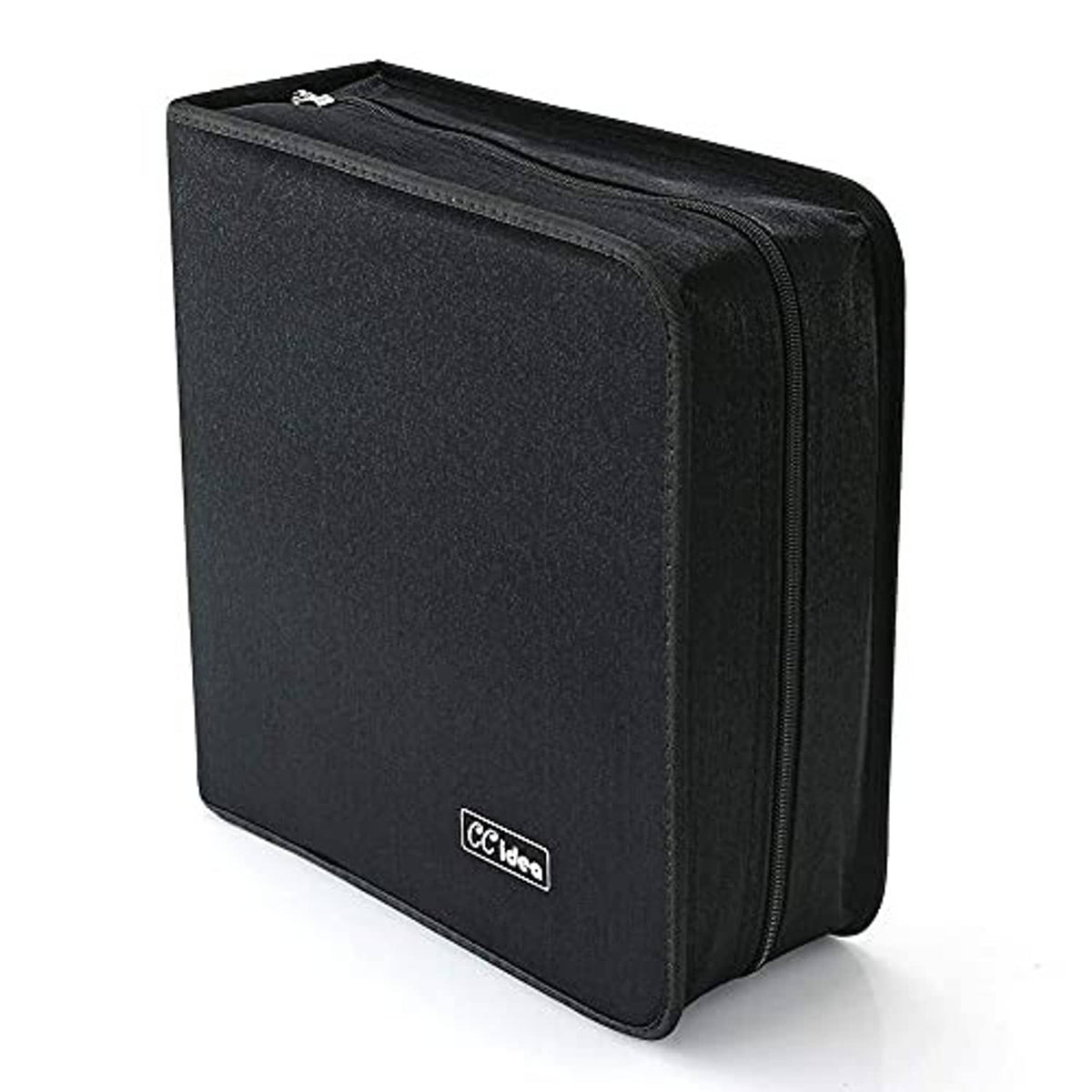 Black CD/DVD storage holder with zipper and curved hard-shell design