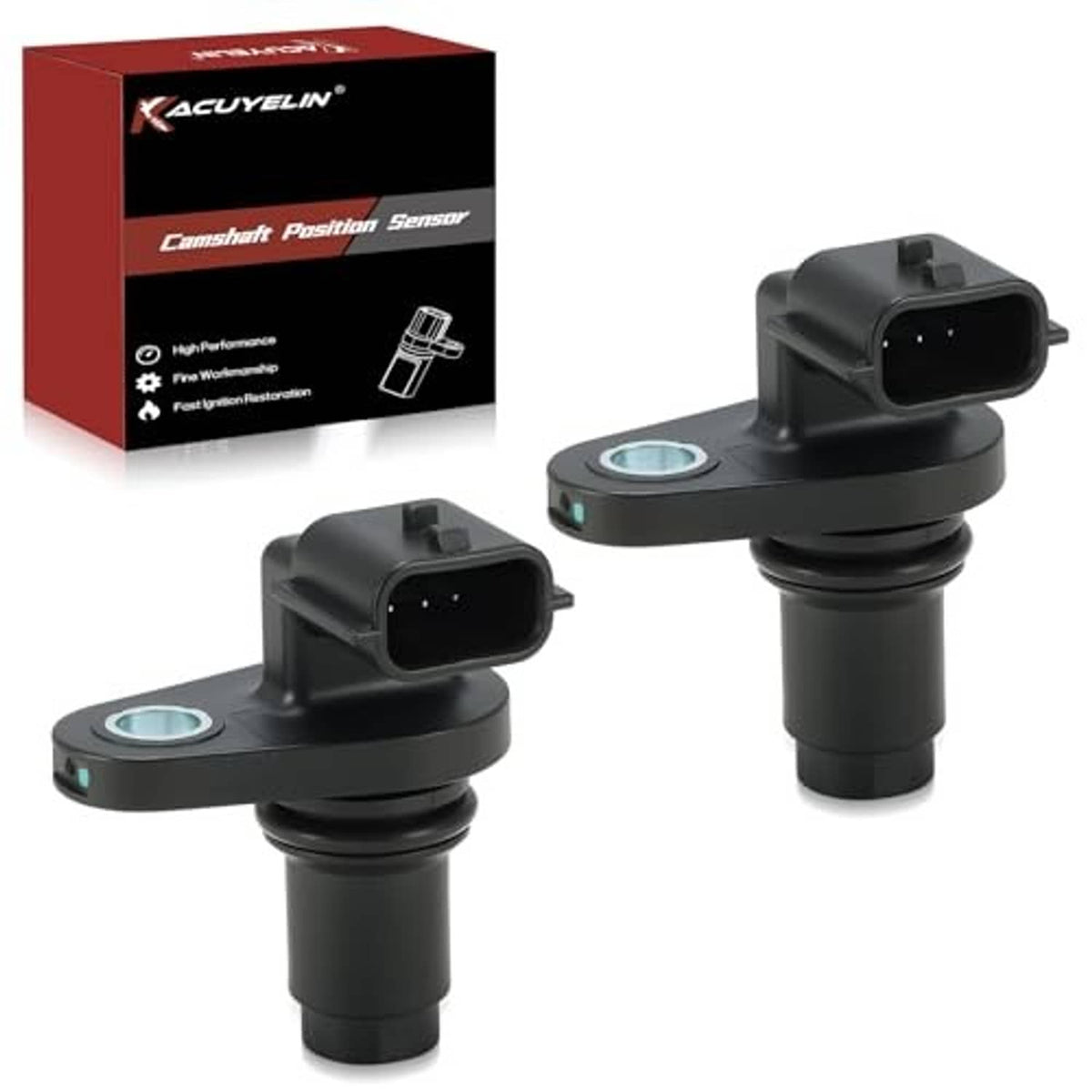 Camshaft position sensor set of 2 with black housings, circular mounting base, and connectors