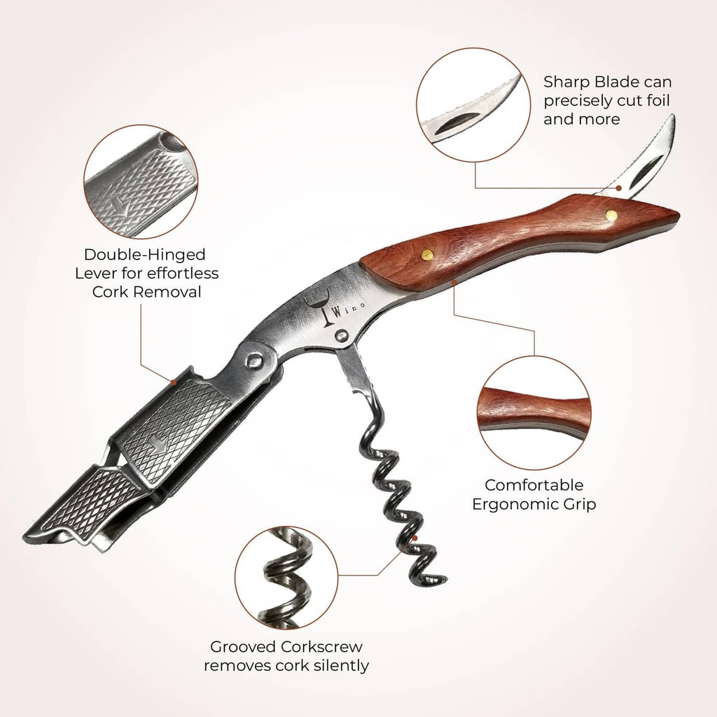 Wine corkscrew diagram view showing double-hinged lever, ergonomic grip, and spiral
