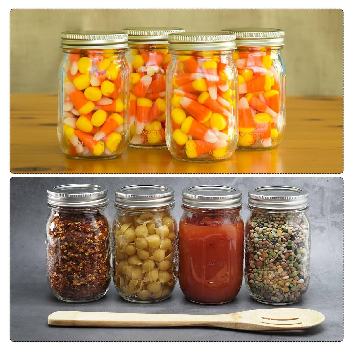 Gold mason jar canning rings with glass jars of colorful preserves