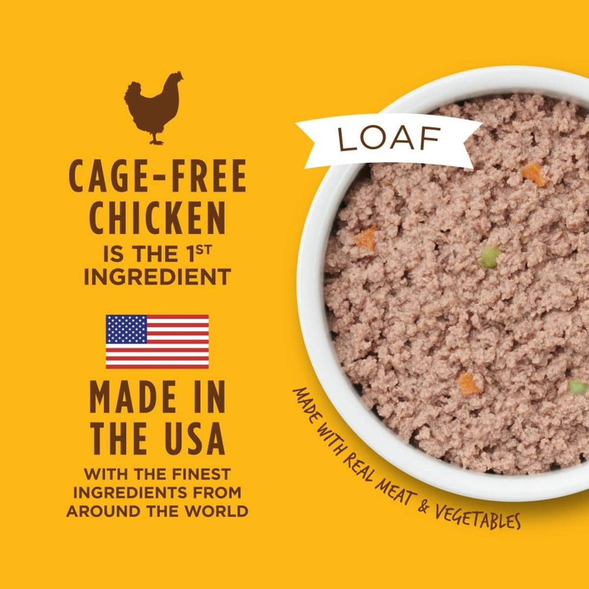 Cage-free chicken loaf dog food shown in a white bowl