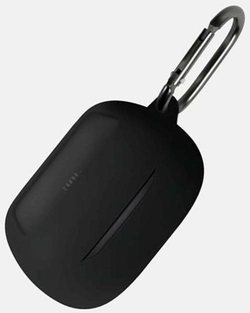 Black silicone earbuds case with carabiner loop, smooth oval shape and seam line.