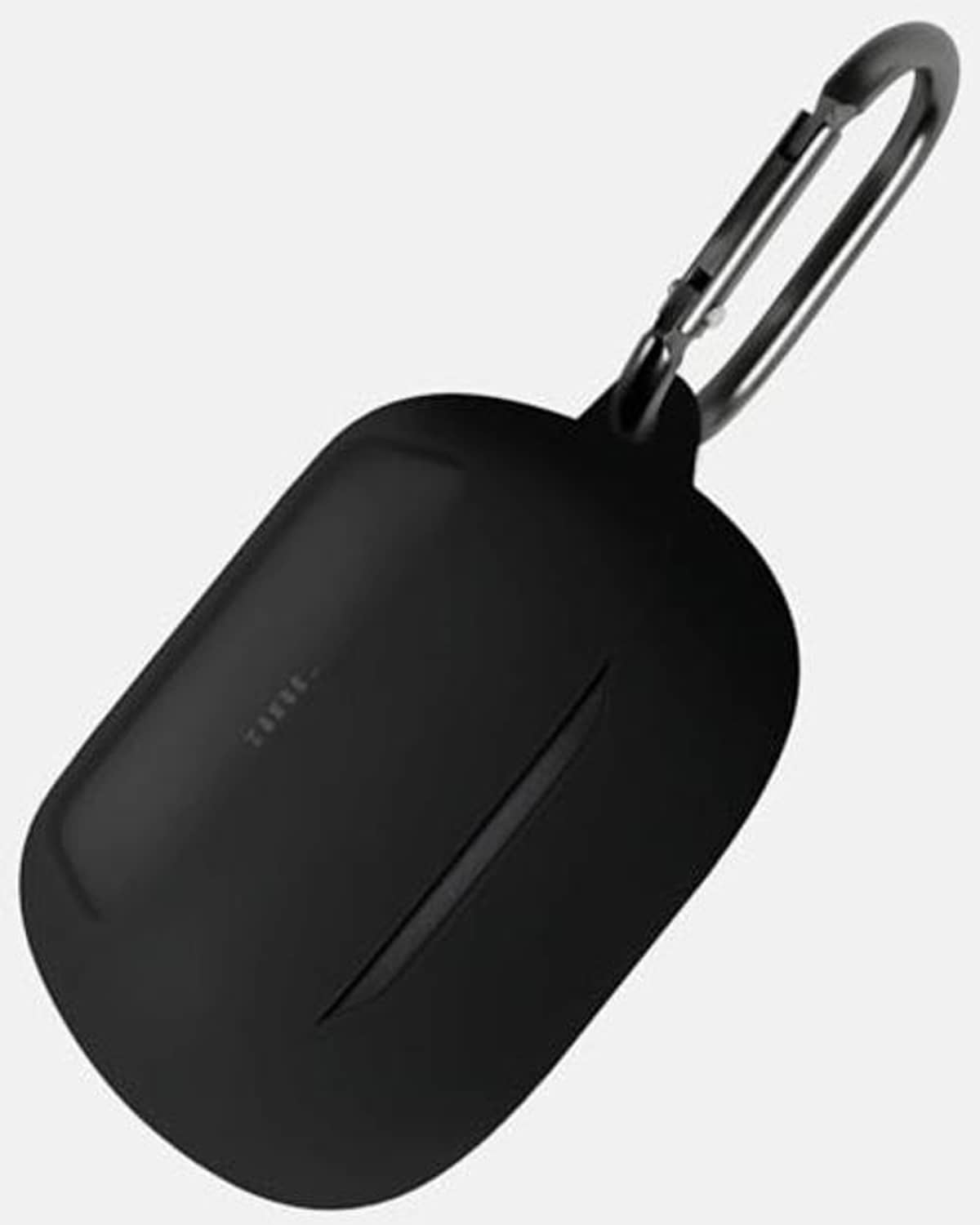 Black silicone earbuds case with carabiner loop, smooth oval shape and seam line.