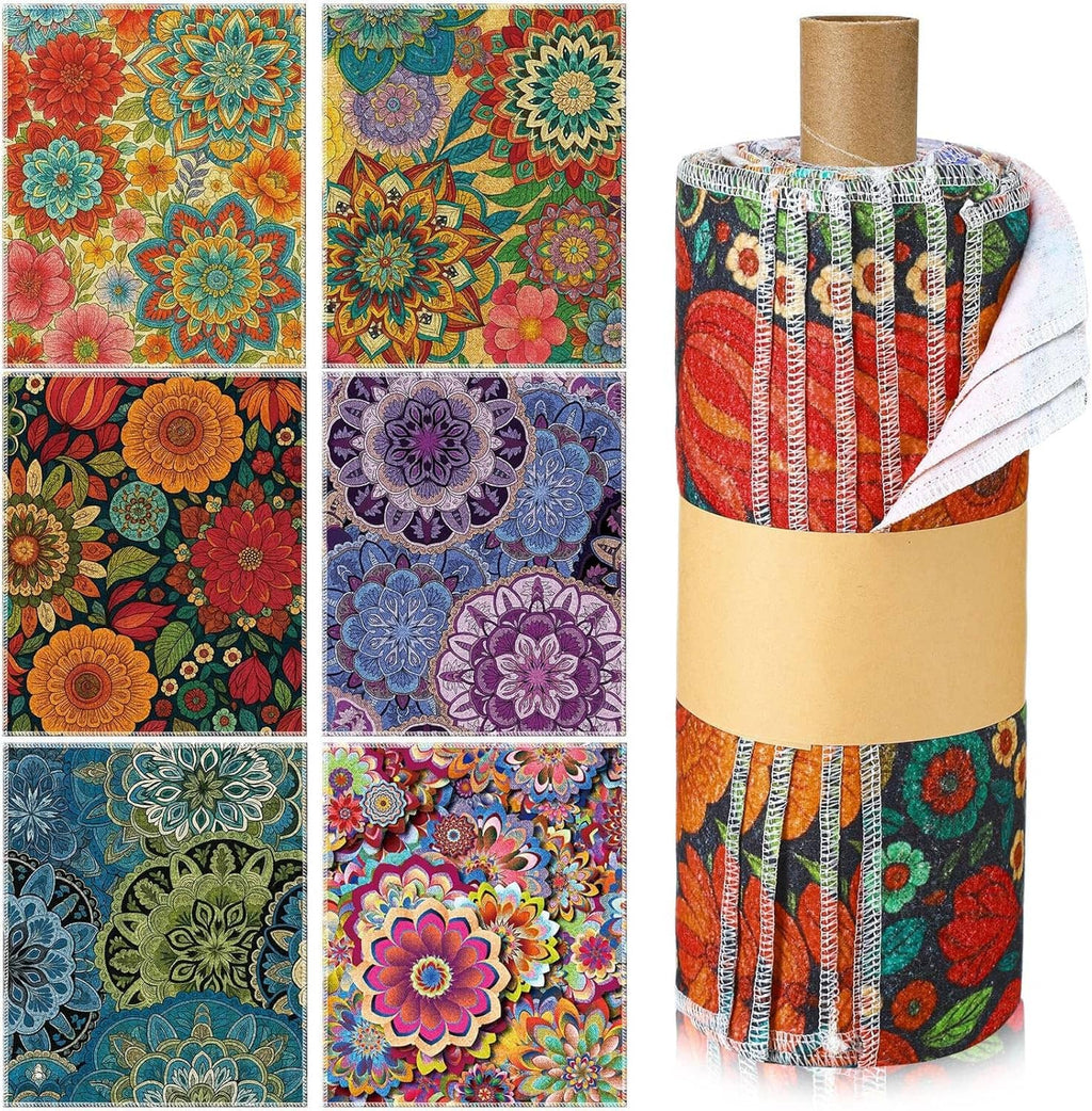 Reusable paperless cloth towel roll with colorful floral patterns, white cloth edge