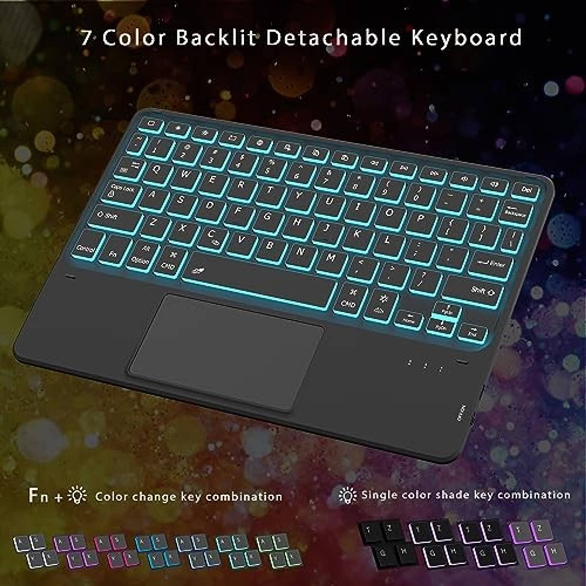 Keyboard case with 7-color backlit keys and dark base, showing full keyboard layout