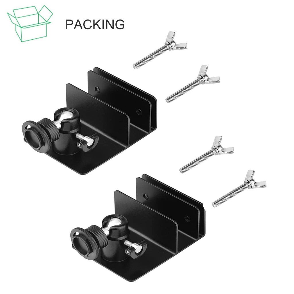 Two black gutter mount brackets with installation screws and hardware