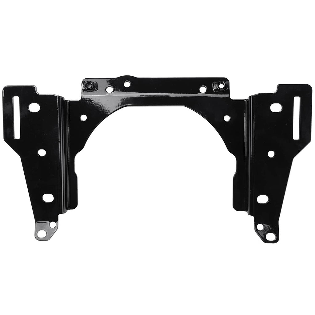 Black metal windshield mounting bracket with side plates and bolt holes