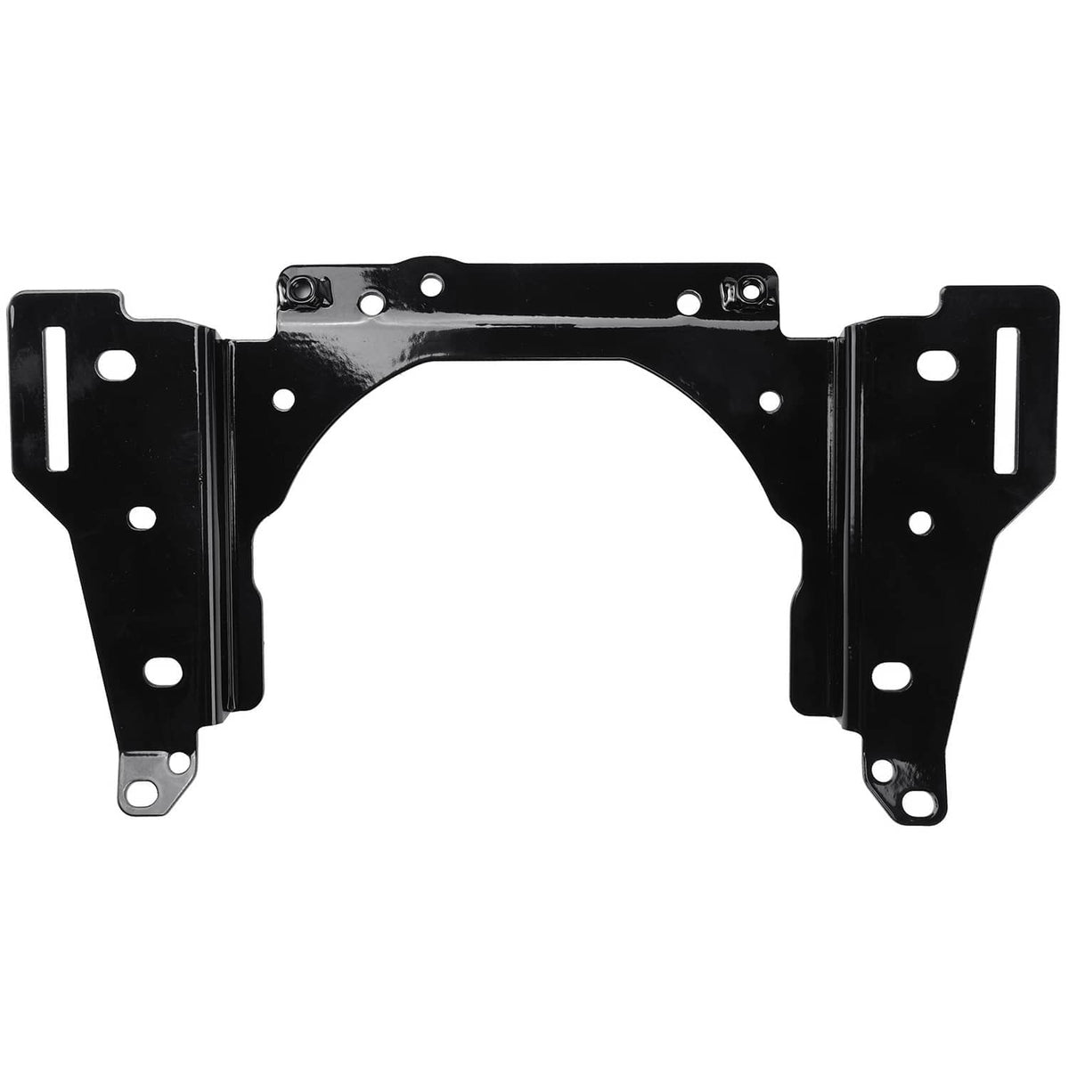 Black metal windshield mounting bracket with side plates and bolt holes