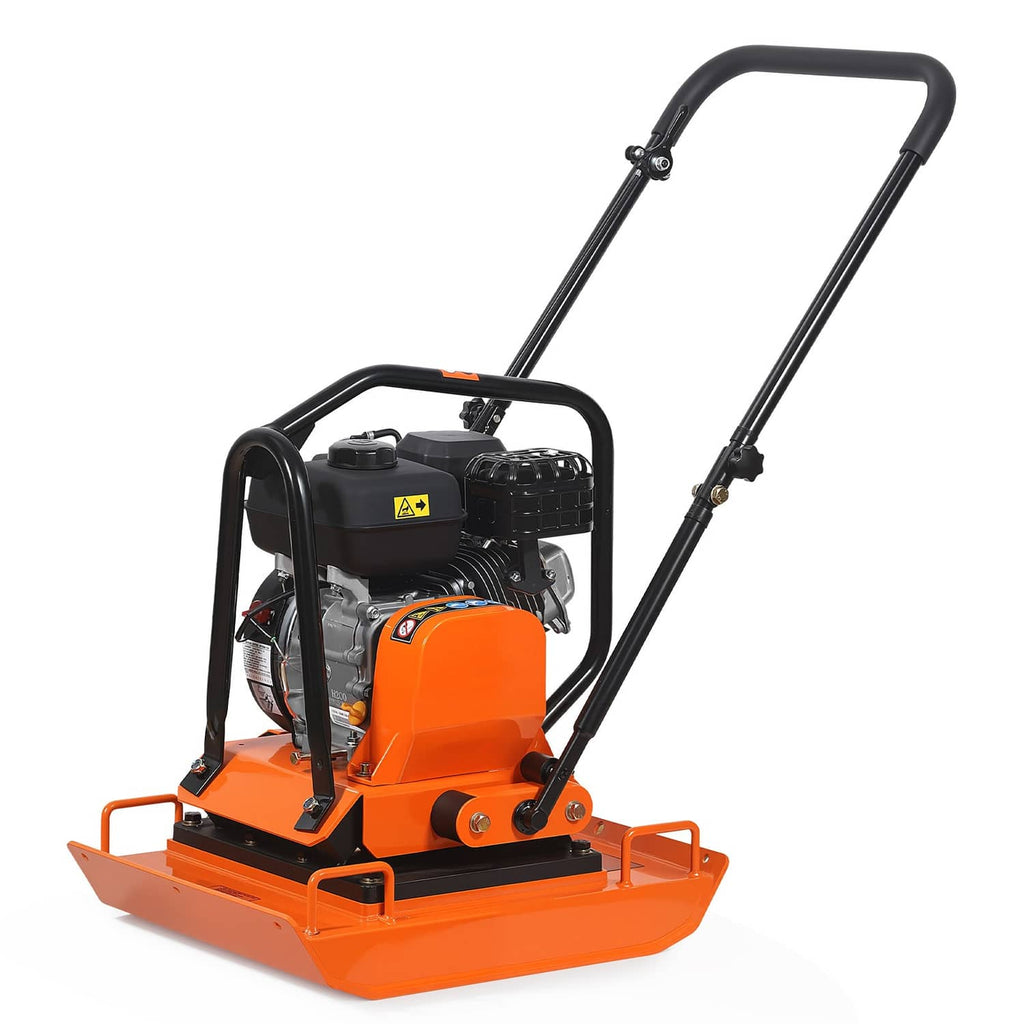 Orange plate compactor front view with black engine and safety warning label