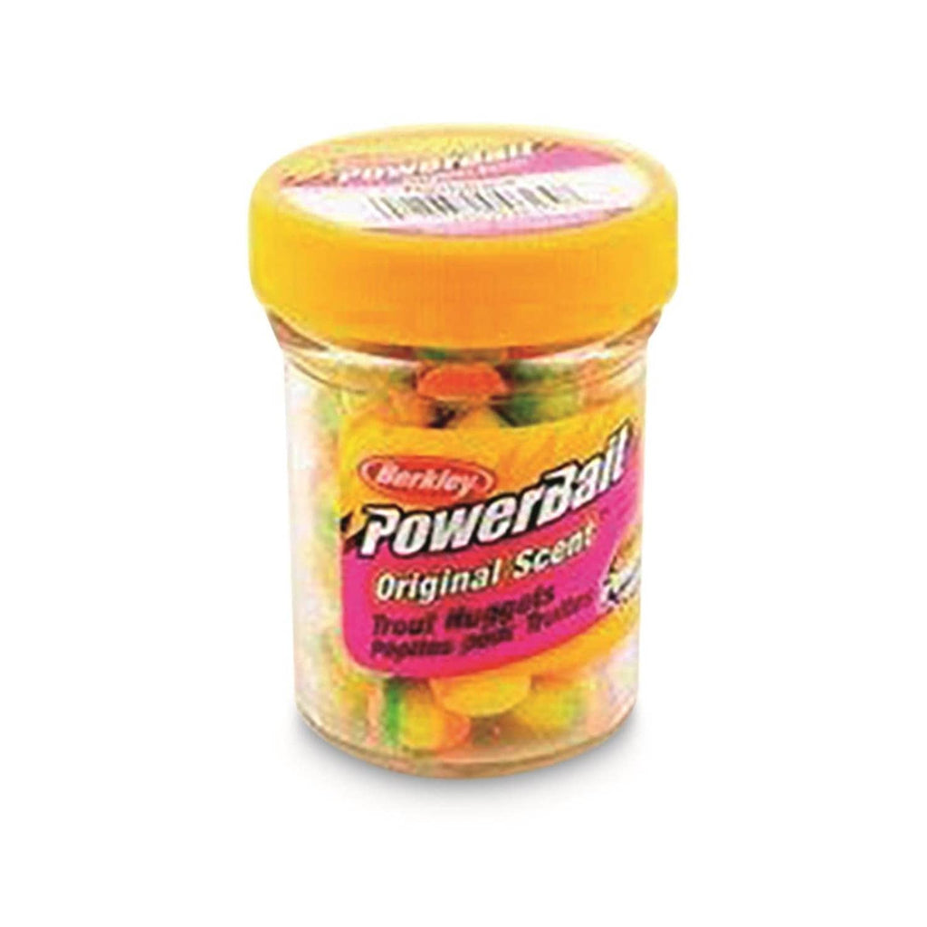Berkley PowerBait Original Scent trout nuggets jar with orange/yellow bait nuggets in clear container