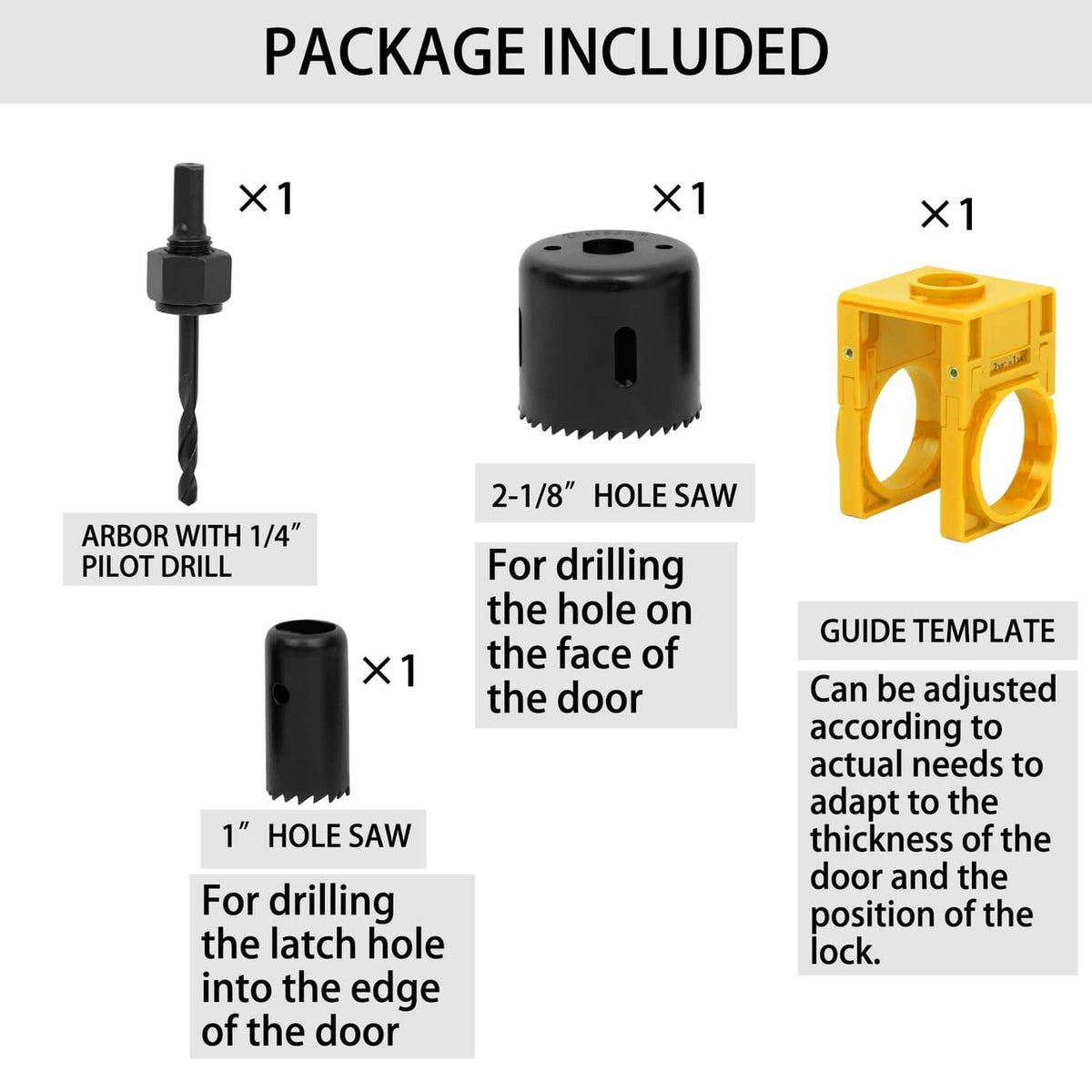 Included parts: arbor with pilot drill, 2-1/8" hole saw, 1" hole saw, guide template
