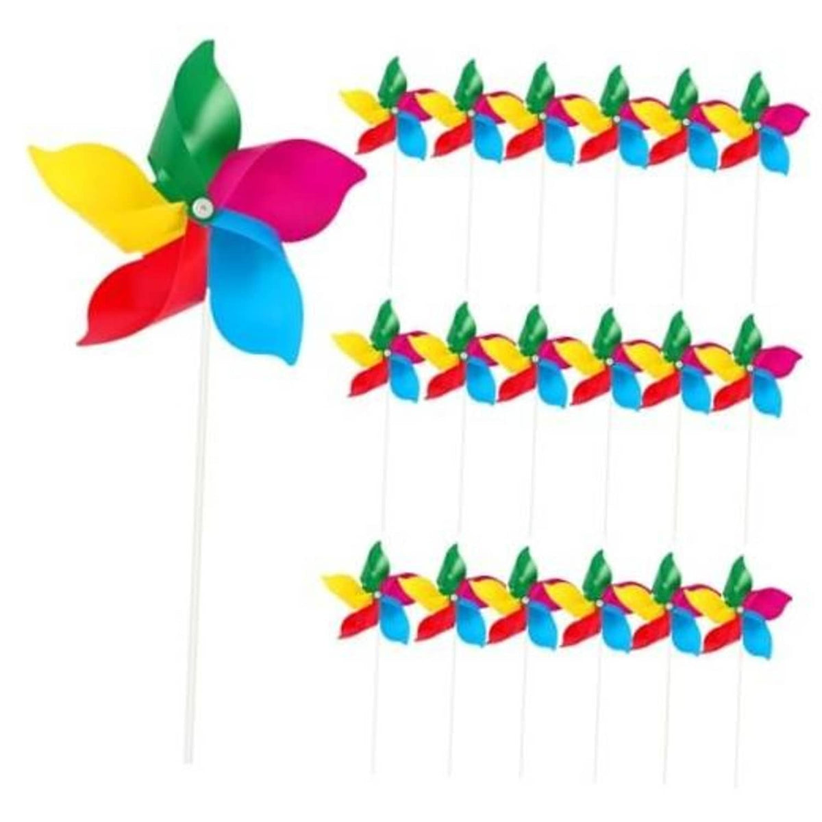 Rainbow pinwheel wind spinner set with multicolor flower blades on white sticks