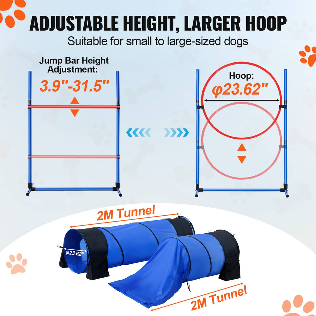 Adjustable-height dog agility hoop and two blue tunnels with black fabric panels