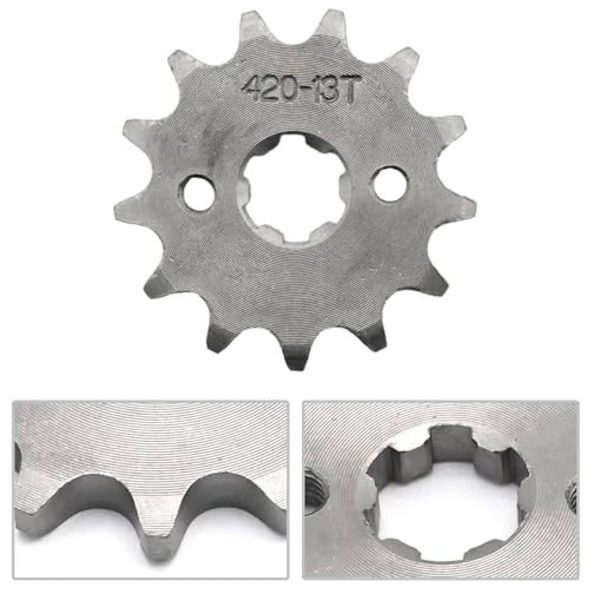 420-13T front sprocket with close-up inserts showing teeth and mounting holes