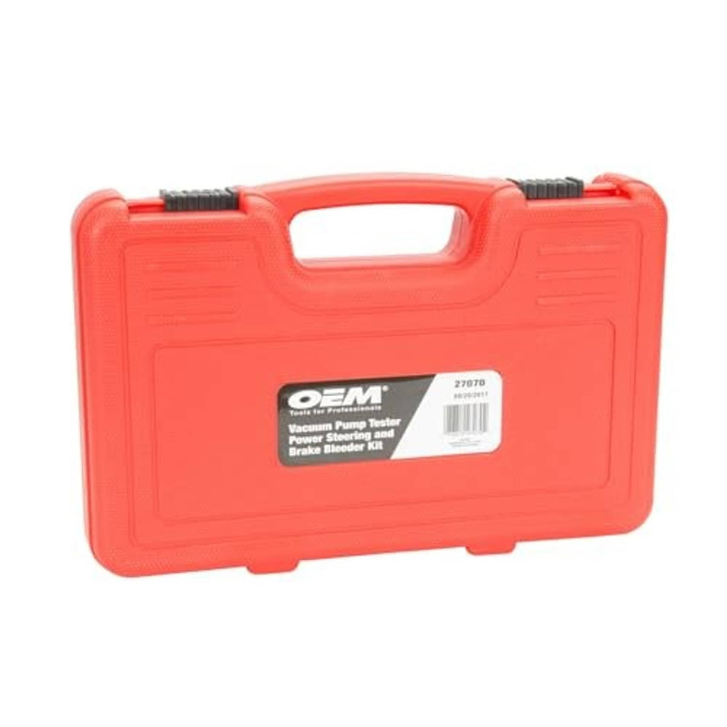 Red hard case for brake bleeder kit and vacuum pump tester tool set
