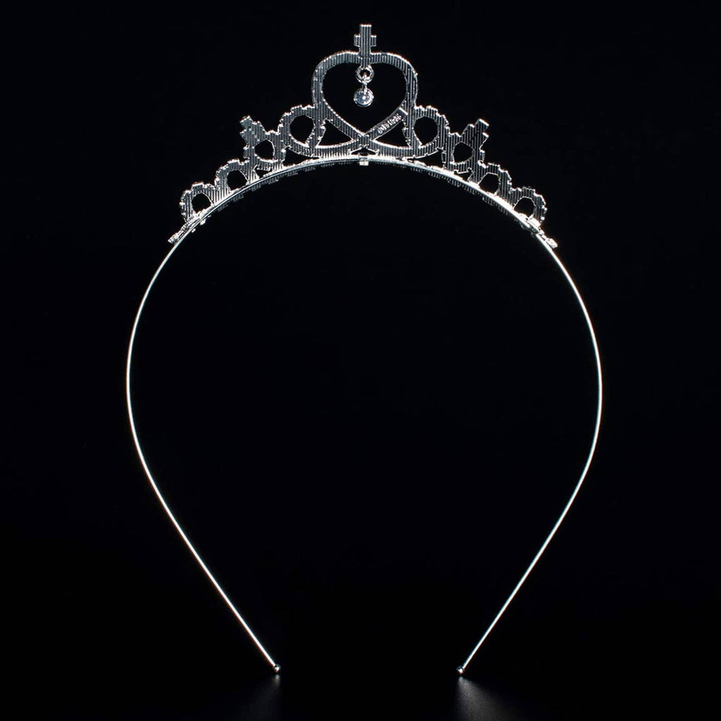 Heart-top rhinestone tiara crown with curved silver headband and dangling heart charm