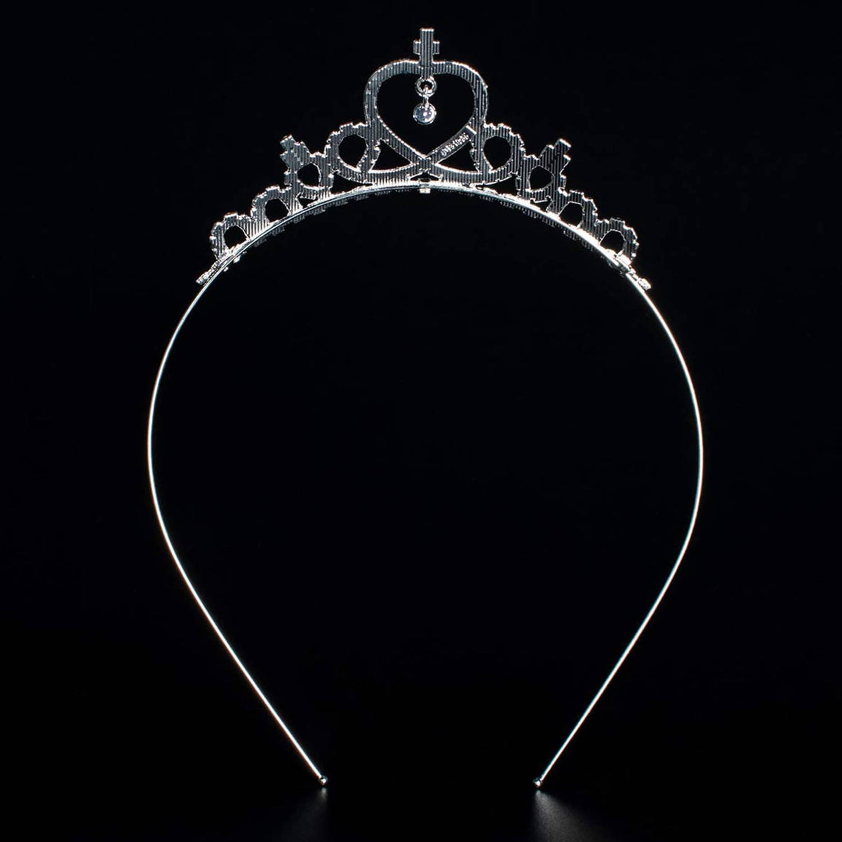 Heart-top rhinestone tiara crown with curved silver headband and dangling heart charm